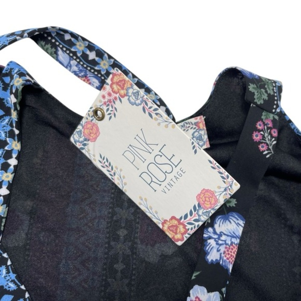 Pink Rose S Black Floral Mini Dress Multi Strap Back Boho Festival PS841875 - Picture 3 of 8